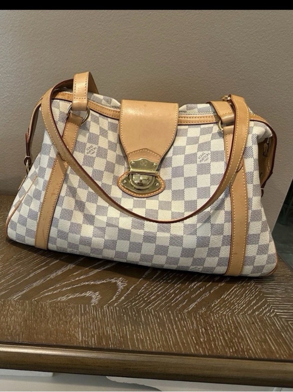 Checkered Shoulder Bag in Cream and Tan with Gold Hardware